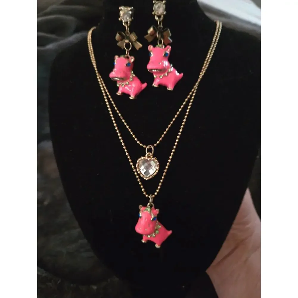 Vintage Pink Enamel hippo Betsey Johnson necklace/earrings set